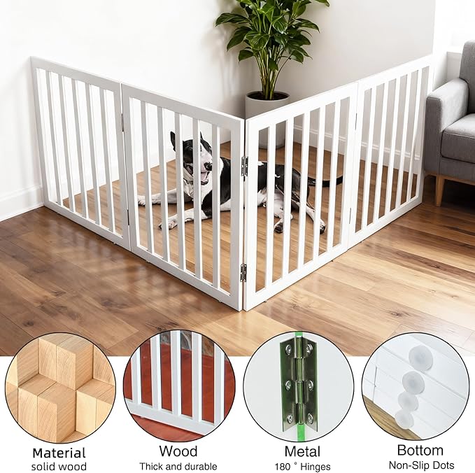 ZJSF Freestanding Indoor Dog Gate for House Foldable Wood White Puppy Gate for Doorways Pet Gate for Stairs Extra Wide Pet Fence 24" Height 4 Panels