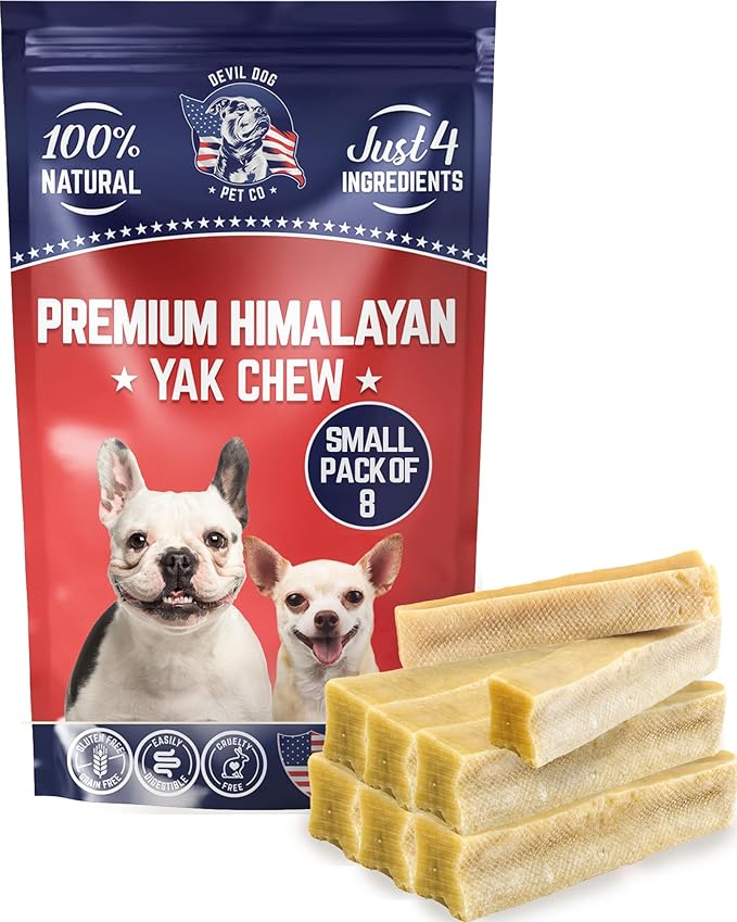 Devil Dog Pet Co. Himalayan Yak Cheese Dog Chews, Small - 8 Pack, 100% Natural & Healthy, Lactose-Free, Long-Lasting Dog Treats, Premium Yak Milk Chew Bones for Dogs