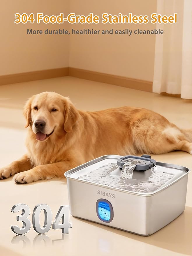 SIBAYS 4Gal/15L Large Dog Water Fountain, Stainless Steel Pet Fountain with Water Window & LED Light, Ultra Quiet Automatic Dog Water Bowl Dispenser for Large Dogs & Multi-pet, Easy to Clean FS76