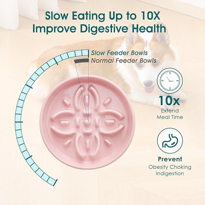 vancasso Ceramic Slow Feeder Dog Bowls, Puzzle Dog Food Bowls with Floral Maze, Anti -Slip Pet Food Dish for Medium Breed, 1.5 Cups, Pink