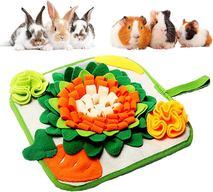 Rabbit Foraging Mat Snuffle Mat for Small Animals Rabbit Toy 11.8"x11.8" Rabbits Snuffle Mat Pets Interactive Feeding Matt Treat Dispenser for Bunny Guinea Pigs Ferrets Chinchillas (Green and Orange)