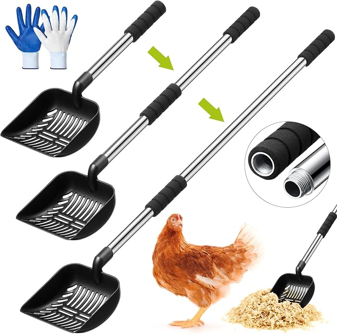 48 Inch Metal Chicken Coop Pooper Scooper (16 to 48 Inch) Long Handle Scooper with Detachable Stainless Steel Long Handle Gloves Accessory for Cleaning Chicken Coop(Black)