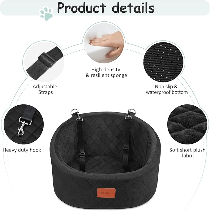 Dog Car Seat for Small Dogs Up to 30 Lbs,Ultra Soft Fabric Fill in Comfy Memory Foam,Happy Pet Ride,2 Safety Dog Leashes,Fully Detachable and Washable,Anti Slip Base(Black)