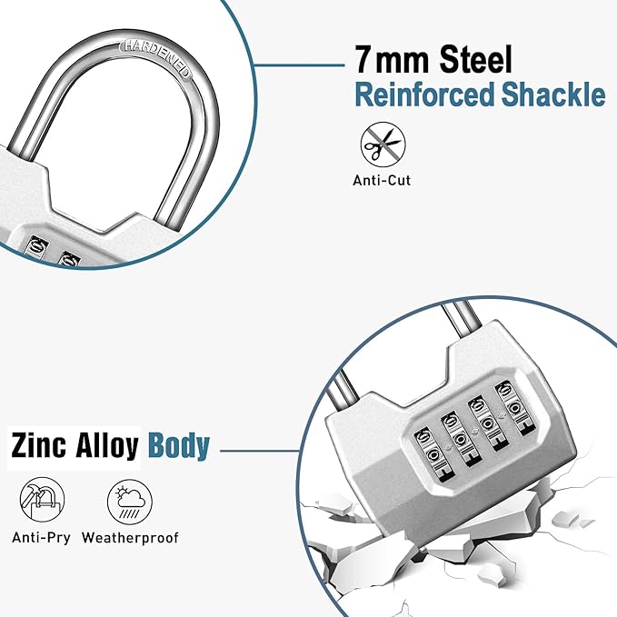 1 Pack disecu 4-Digit Combination Lock, Waterproof Outdoor Padlock for School Gym Locker, Fence, Gate, Shed, Storage Unit (Silver)