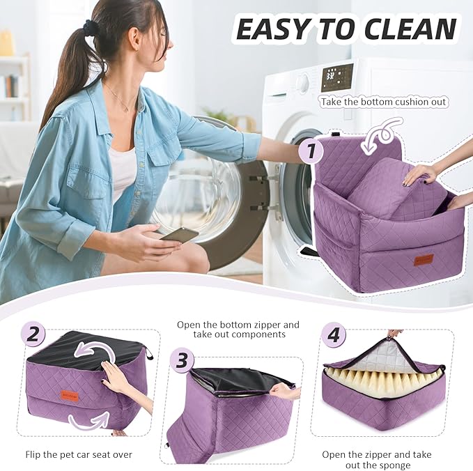 Small Dog Car Seat, Memory Foam Dog Booster Seats with Thick Cushion for Medium Dogs Under 35lbs, Detachable Washable Pet Car Seat Bed with Storage Pockets,2 Safety Belts Purple