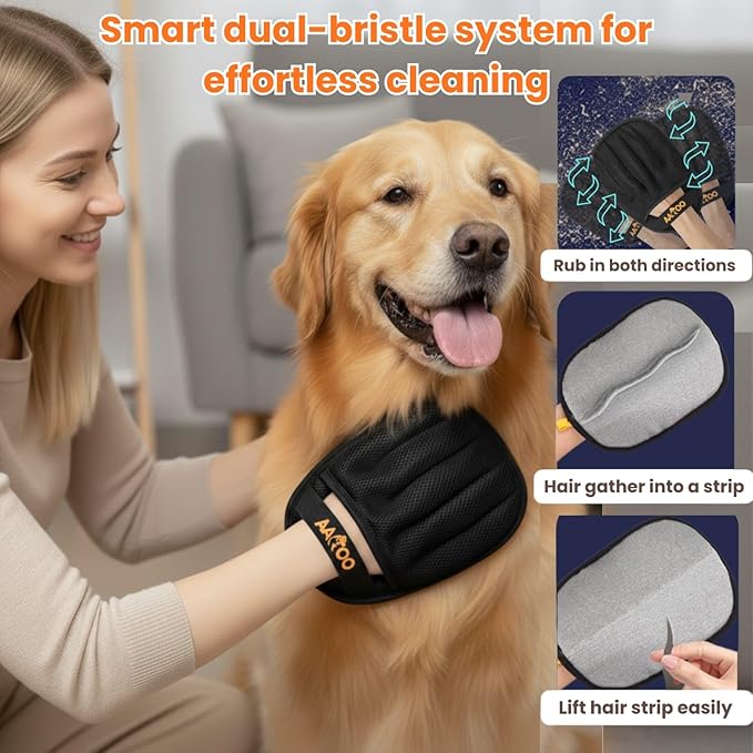 Pet Hair Removal Glove for Cats & Dogs with Silicone Pet Toothbrush – Reusable Magic Brush – Five-Finger Electrostatic Pet Hair Remover Glove for Laundry, Couch, Carpet & Car Seat