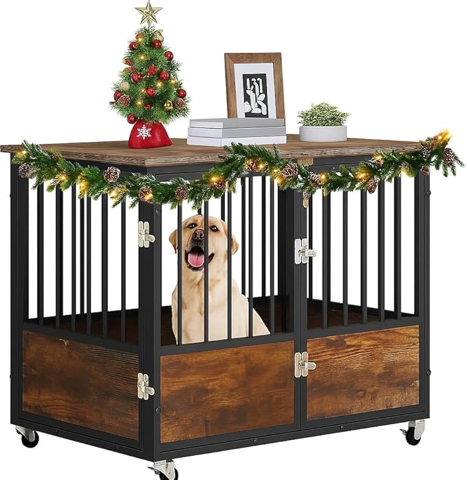 YITAHOME Rustic Heavy Duty Dog Crate Furniture with Wheels, Double-Doors Metal Dog Kennel Indoor for Small Medium Dogs, Decorative Dog House Side End Table, Chew-Resistant Wooden Dog Cage