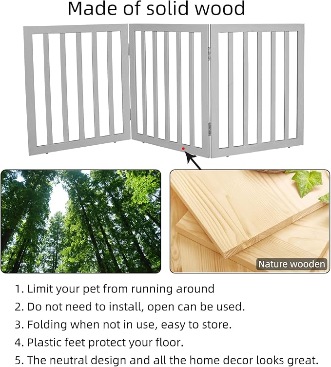 ZJSF Freestanding Indoor Dog Gate for House Foldable Wood Grey Puppy Gate for Doorways Pet Gate for Stairs Extra Wide Pet Fence 24" Height 3 Panels