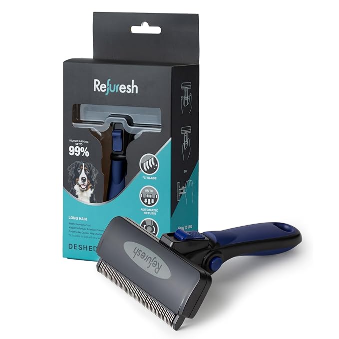Deshedding Dog Brush for Long Hair (Large,Blue) – Gentle Deshedding Tool for Dogs & Cats – Reduces Shedding, Without damaging Topcoat. Removes Loose Fur & Dead Undercoat.