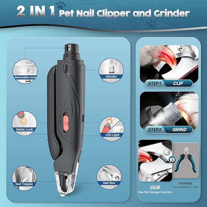 2-in-1 Dog & Cat Nail Clippers and Grinder with Light – Safety Guard to Avoid Overcutting, Sharp Blade, Painless Quiet Pet Nail Claw Trimmers, Professional Grooming Tool for Large Small Pets