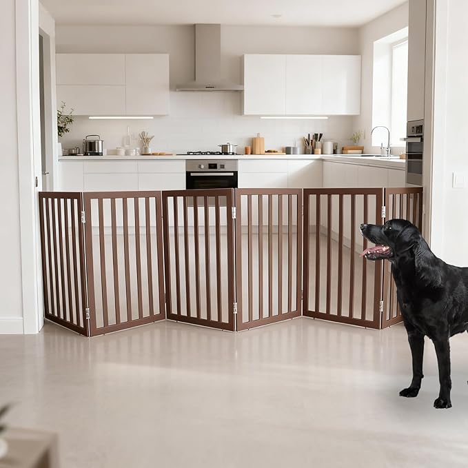 ZJSF Freestanding Indoor Dog Gate for House Foldable Wood Brown Puppy Gate for Doorways Pet Gate for Stairs Extra Wide Pet Fence 32" Height 6 Panels