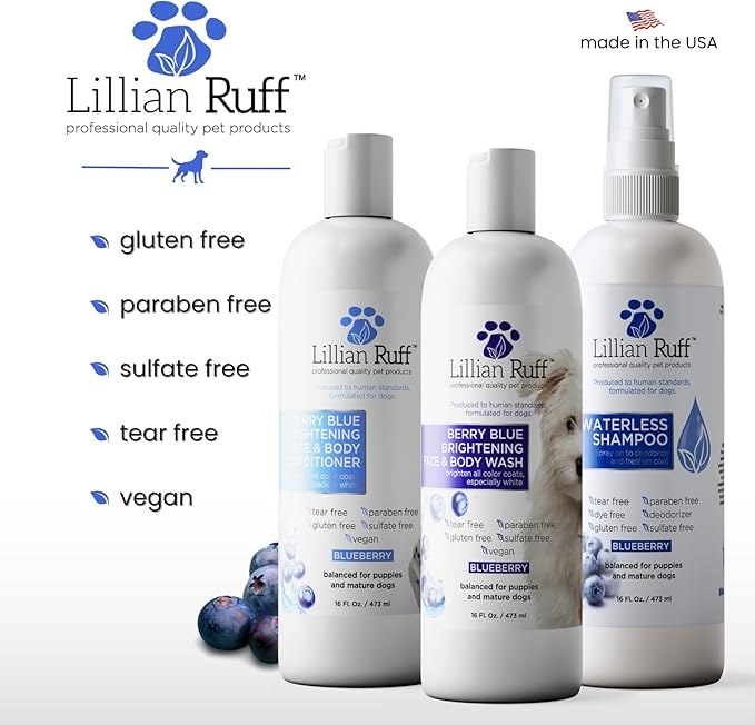 Lillian Ruff PRO Formula Berry Blue Brilliance Bundle - Ultimate Tear Stain & Odor Eliminator Set, Includes Berry Blue Shampoo, Conditioner & Waterless Shampoo, Hydrate, Soften & Detangle, USA Made