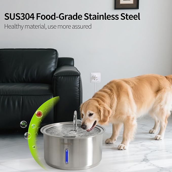 Dog Water Fountain, 11L/2.8Gal Quiet Dog Fountain Water Bowl with Visible Window Stainless Steel Dog Water Fountain with 2 Spray Modes and 15 Fliters for Large Medium Small Dogs Pets