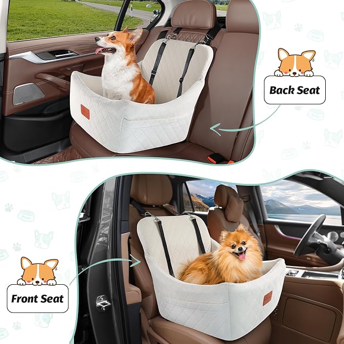 Dog Car Seat for Medium Dogs Up to 40lbs,Easy to Install with Adjustable Straps,Anti-Slip Base,Fully Detachable and Washable,Soft Fabric Fill in Memory Foam,2 Side Pockets(Beige,Medium)