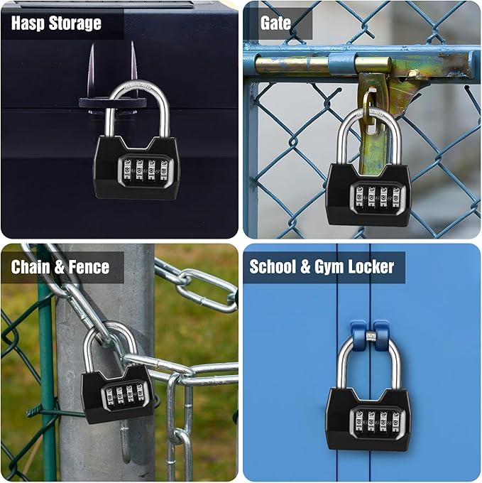 1 Pack disecu 4-Digit Combination Lock, Waterproof Outdoor Padlock for School Gym Locker, Fence, Gate, Shed, Storage Unit (Black)