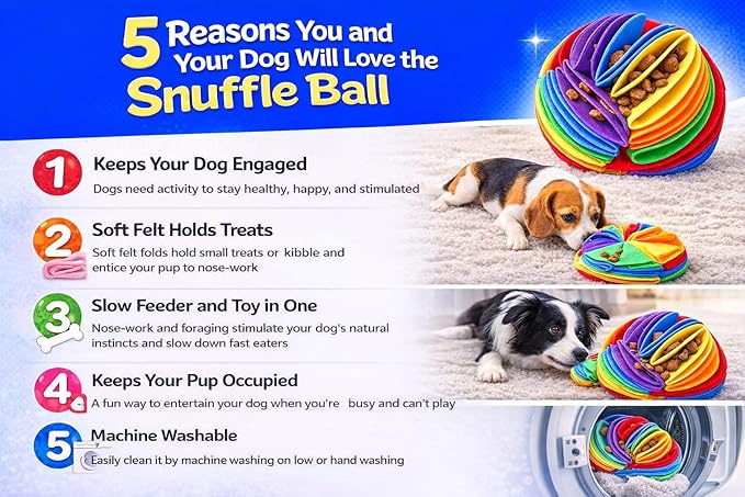 Snuffle Ball for Dog Boredom - Made in USA - Durable Felt Treat Dispensor Interactive Dog Puzzle Toy Slow Feeder Boredom Relief Foraging Ball for Mental Stimulation, Boredom Buster Non-Toxic