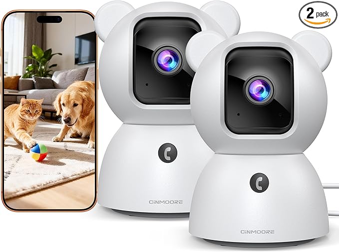 2 Pack 2.5K Cameras for Home Security, Non-Subscription AI Human/Pet/Crying Detection, 4MP Dog/Cat/Pet Camera Indoor with Phone App, Pan Tilt 2.4G WiFi Indoor Cameras, IR Night Vision, 2-Way Audio