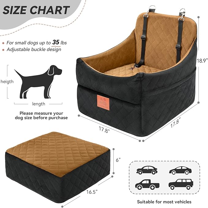 Dog Car Seat for Small/Medium Dogs, Dog Booster Car Seats with Thick Cushion for Dogs Under 35lbs, Detachable Washable Pet Carseat with Storage Pockets, 2 Safety Belts(Black/Coffee)