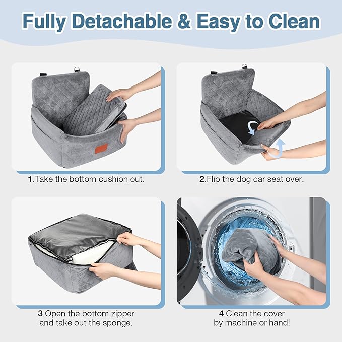 Dog Car Seat for Small Dogs Under 30lbs,Comfy & Safe Travel Bed with Washable Cover,2 Clip-On Safety Leashes and Pockets,Anti-Slip Base,Easy to Install(Grey)