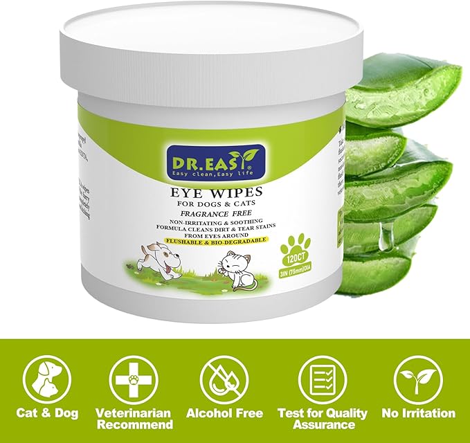 DR.EASY Pet Eye Wipes 120 Ct for Dog Cat Horse & Rabbit Grooming,Tear stain remover,Puppy Kitty eye wash,Remove dirt crust dried mucus discharge secretions, Unscented soft & gentle,Plant Based Formula
