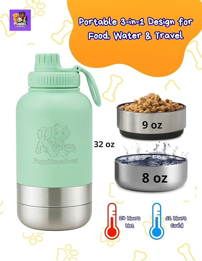 PuppiTravelBowl 3-in-1 Portable Dog Water & Food Bottle, 32oz Leak-Proof Travel Bowl for Pets – Green