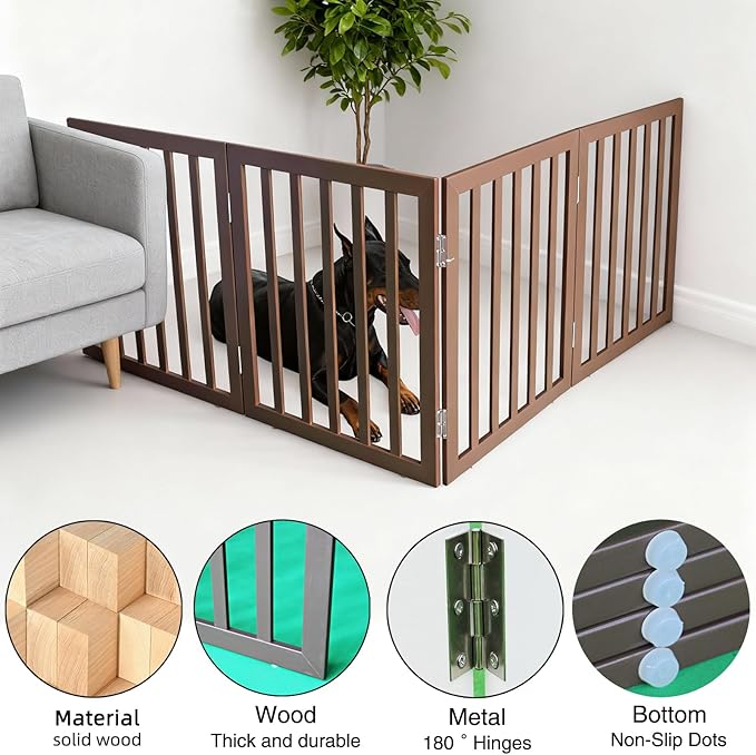 ZJSF Freestanding Indoor Dog Gate for House Foldable Wood Brown Puppy Gate for Doorways Pet Gate for Stairs Extra Wide Pet Fence 24" Height 4 Panels