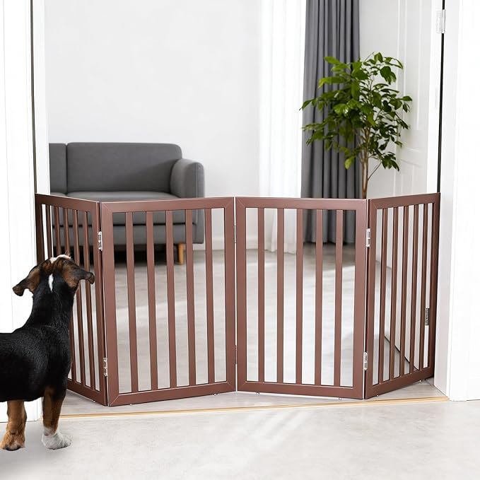 ZJSF Freestanding Indoor Dog Gate for House Foldable Wood Brown Puppy Gate for Doorways Pet Gate for Stairs Extra Wide Pet Fence 32" Height 4 Panels