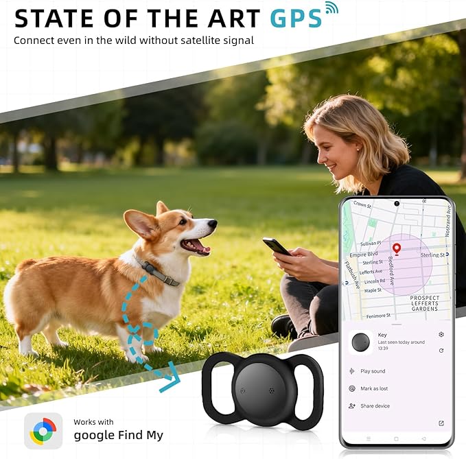 1 Pack Google Android GPS Dog Collar, Mini Dog GPS Tracker, Smart Pet Activity Tracker, No Subscription, GPS Cat Collar Certified Finder, Anti-Lost, Finder Tag for Vehicles, Pets, Kids, Items