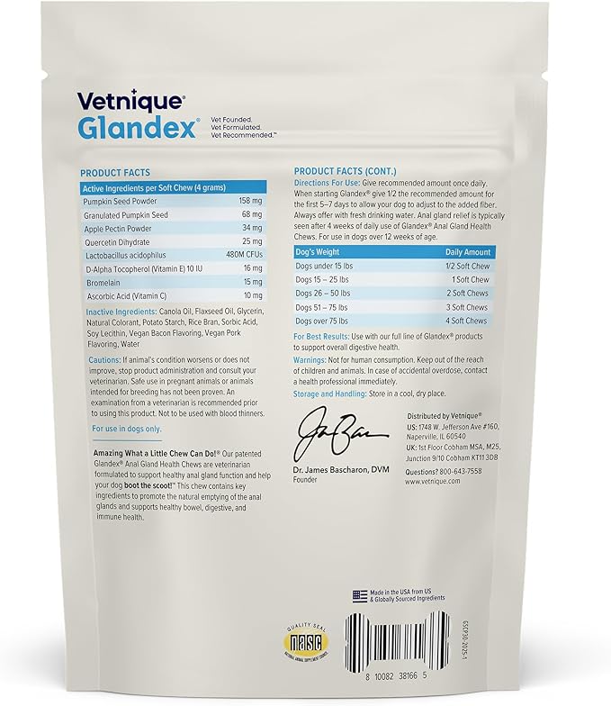 Vetnique Glandex Anal Gland Soft Chew Treats with Pumpkin for Dogs Digestive Enzymes, Probiotics Fiber Supplement for Dogs Boot The Scoot (Bacon Flavor Chews, 30 Count) (Pack of 2)