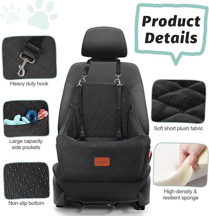 Dog Car Seat for Medium Dogs Up to 40lbs,Fully Detachable and Washable,Memory Foam Covered Soft Fabric,Easy to Install with Adjustable Straps,Anti-Slip Base,Two Side Pockets(Black,Medium)