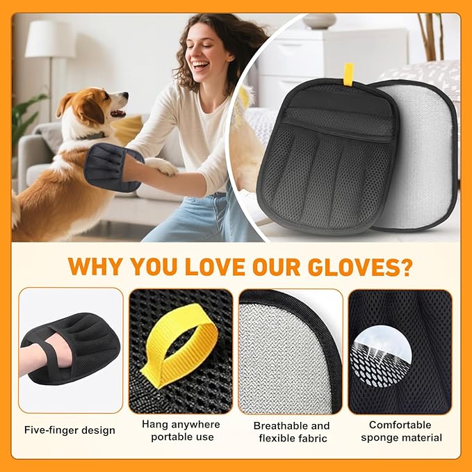 Pet Hair Removal Glove for Dogs & Cats,Reusable Electrostatic Pet Hair Remover Gloves,Magic Brush Pet Hair Removal Tool for Furniture,Couch,Car Seats,Clothing(2Pcs)