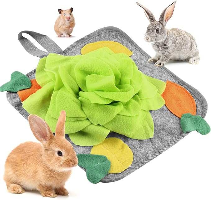 LOPERDEVE Rabbit Foraging Mat, Rabbit Toy 11.8"x11.8" Rabbits Snuffle Mat Machine Washable Polar Fleece Funny Interactive Nosework Feeding Mat Treat Dispenser for Bunny Guinea Pigs Ferrets Chinchillas