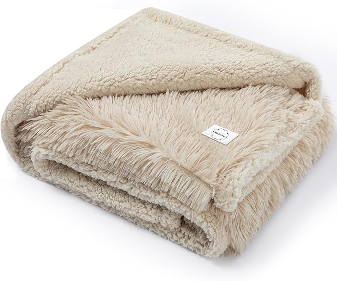 Waterproof Cream Calming Dog Blanket Beige Fluffy Long Faux Fur Pet Throw Blankets for Cats Puppy Couch Sofa Covers Washable Love Bed Cover(Beige,M-57x40in)