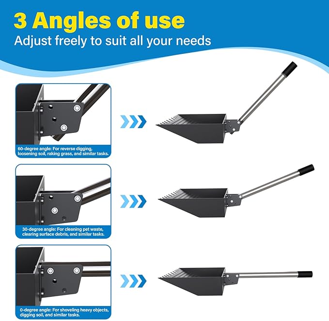 12-Inch 2-in-1 Chicken Poop Scooper & Rake, Chicken Coop Scoop with Adjustable Stainless Steel Handle （24–64"）, 3 Angles & 2 Sifting Holes, Litter Scoop Sand Sifting Shovel Pooper Scooper (Black)