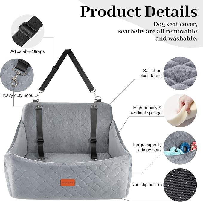 Dog Car Seat for Medium & Large Dogs Up to 55lbs, Memory Foam Cushion, Washable Cover, Safety Straps & Non-Slip Base(Grey,Large)