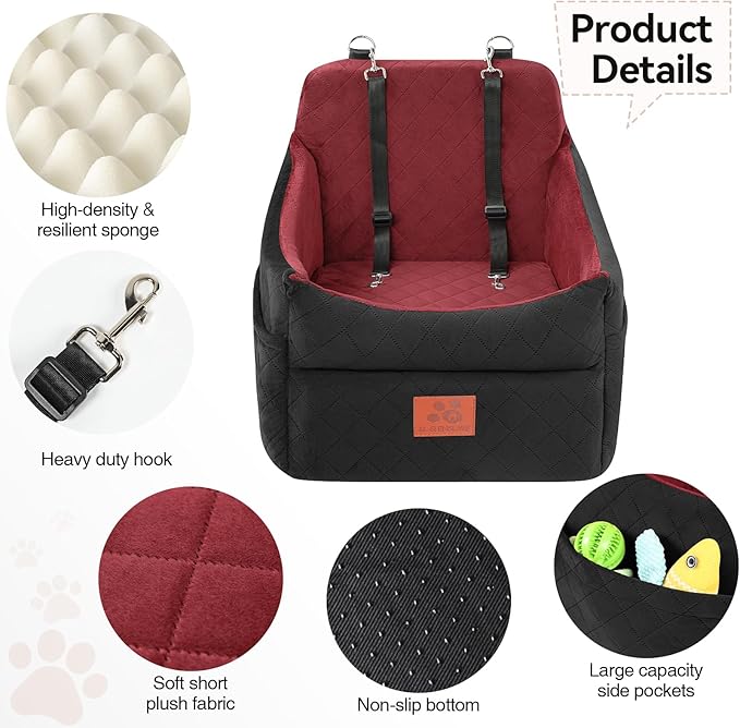 Dog Car Seat for Small/Medium Dogs, Dog Booster Car Seats with Thick Cushion for Dogs Under 35lbs, Detachable Washable Pet Carseat with Storage Pockets, 2 Safety Belts(Black/Red)