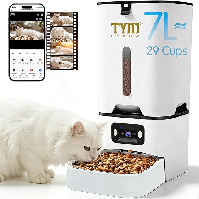 TYM Automatic Cat Feeder with Camera, 5G WiFi Auto Cat Dog Food Dispenser with APP Remote Control, 7L Large Food Storage for Multiple Pets, Scheduled Feeding, Stainless Steel Bowl, Easy Clean