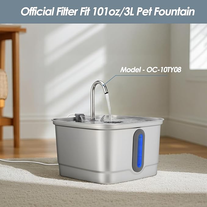 Stainless Steel Cat Water Fountain, 101oz/3L Automatic Pet Water Fountain, Dog Water Fountain for Cats, Small Dogs (The Set Only Include Official 8 Packs Replacement Filters & Sponges)