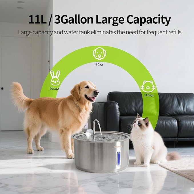 Dog Water Fountain, 11L/2.8Gal Quiet Dog Fountain Water Bowl with Visible Window Stainless Steel Dog Water Fountain with 2 Spray Modes and 15 Fliters for Large Medium Small Dogs Pets