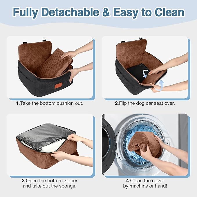 Dog Car Seat for Small Dogs Under 30lbs,Ultra Soft Fabric & Memory Foam Pet Travel Car Bed,Washable & Detachable,Anti-Slip Bottom,2 Storage Pockets and Safety Tethers(Black/Brown)