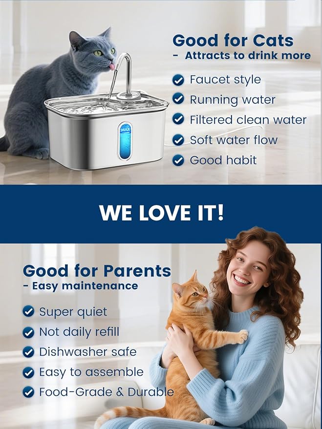 Cat Water Fountain Stainless Steel for Cats Indoor by BPA-Free SUS304, Effective 6-Layer Filter Cat Fountains for Drinking 2.5L 85oz 20dB Ultra Quiet Soft Flow Metal Pet Water Fountain
