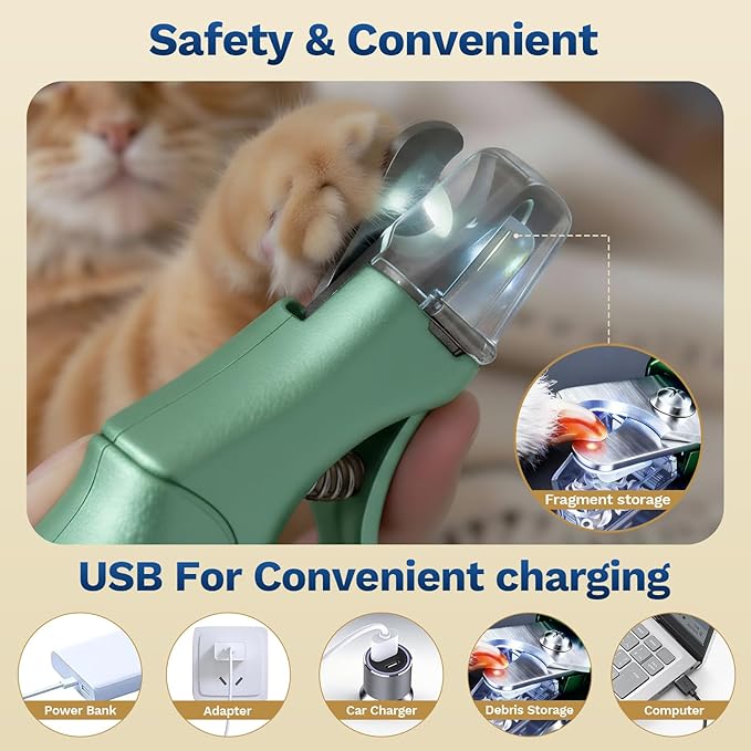 2-in-1 Dog & Cat Nail Clipper with Grinder - Dual Highlight LED Reduce Over-Trimming, Long Battery Cordless USB-C Rechargeable, Safety Lock & Catcher Cap, Quiet Home Grooming for Small Large Pets
