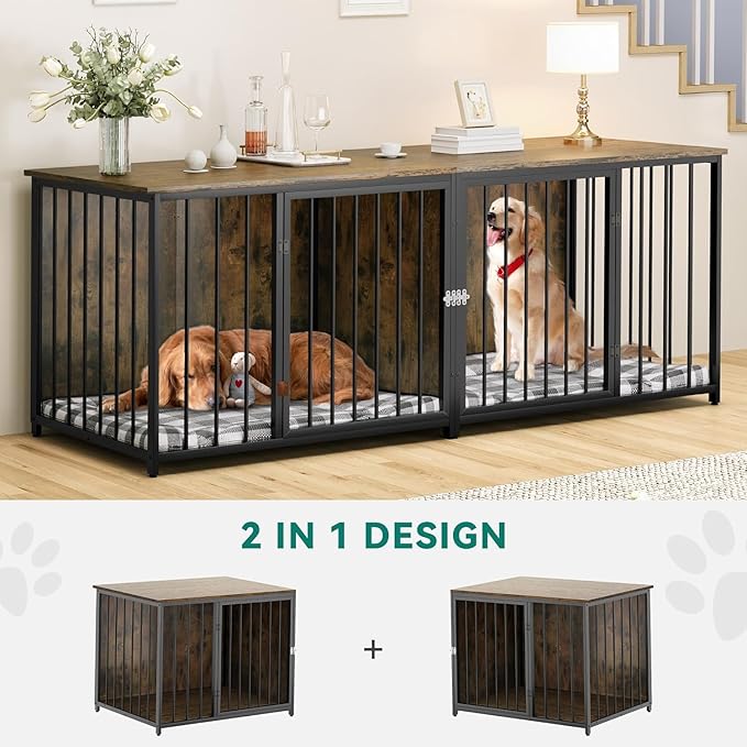 YITAHOME Double Dog Crate Furniture, 80.2 inch Large Breed Dog Kennel with Divider, Heavy Duty Dog House TV Stand Indoor for 2 Medium Dogs, Brown