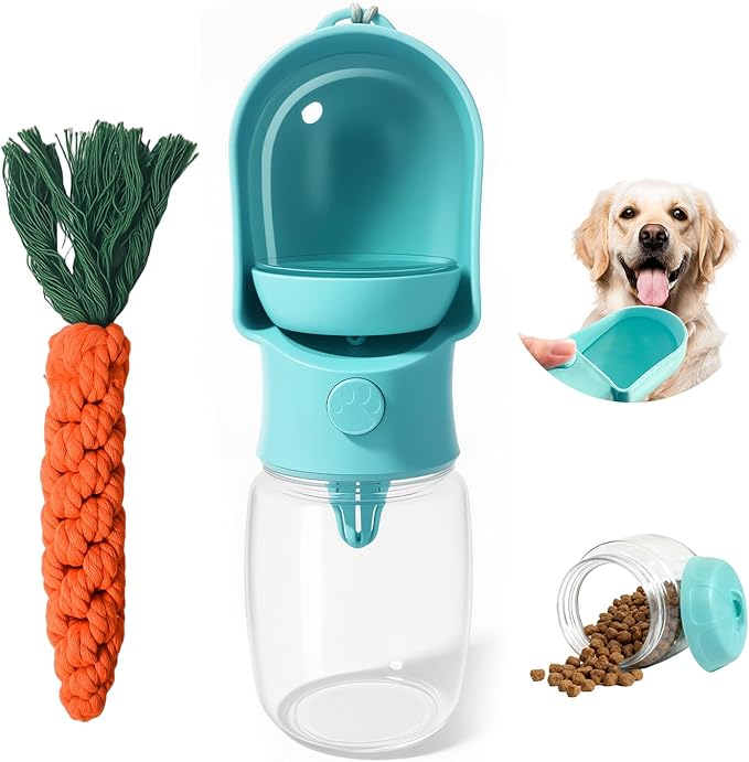 11OZ Portable Dog Water Bottle with Food Container | BPA-Free | Leak-Proof | Perfect for Outdoor Walks (Blue, 11OZ)
