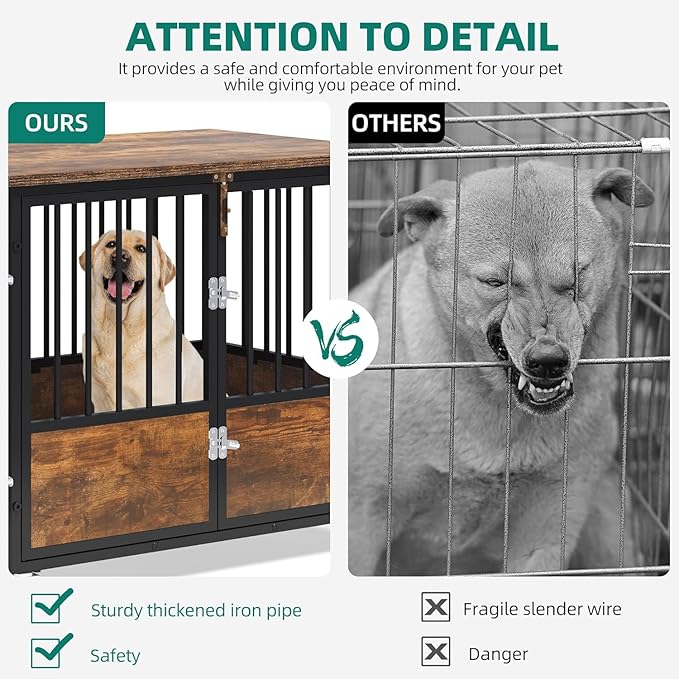 YITAHOME Rustic Heavy Duty Dog Crate Furniture with Wheels, Double-Doors Metal Dog Kennel Indoor for Small Medium Dogs, Decorative Dog House Side End Table, Chew-Resistant Wooden Dog Cage