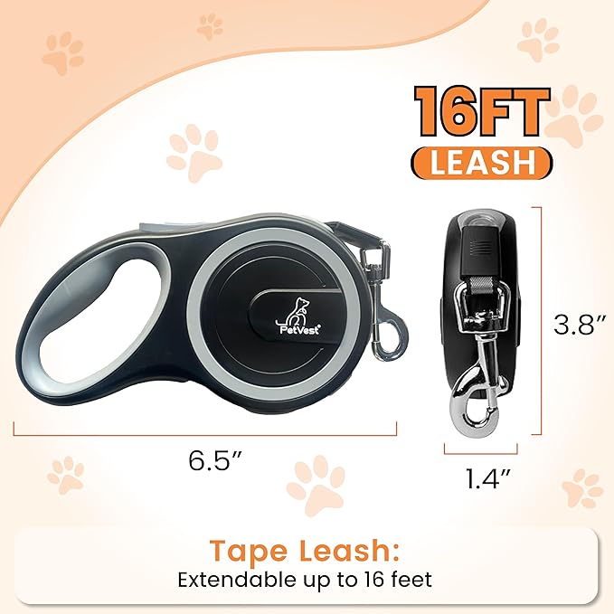 Retractable Dog Leash – Extendable up to 16 FT, Heavy Duty Nylon Tape, No-Tangle, One-Handed Brake & Lock, for Small to X-Large Dogs up to 44 lbs (Black)