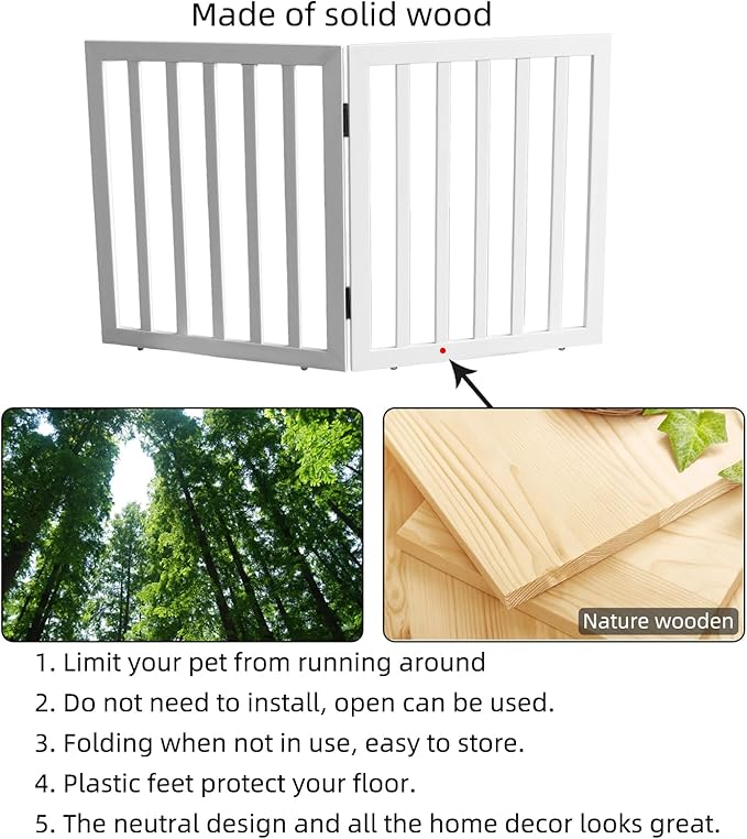 ZJSF Freestanding Indoor Dog Gate for House Foldable Wood White Puppy Gate for Doorways Pet Gate for Stairs Extra Wide Pet Fence 24" Height 2 Panels