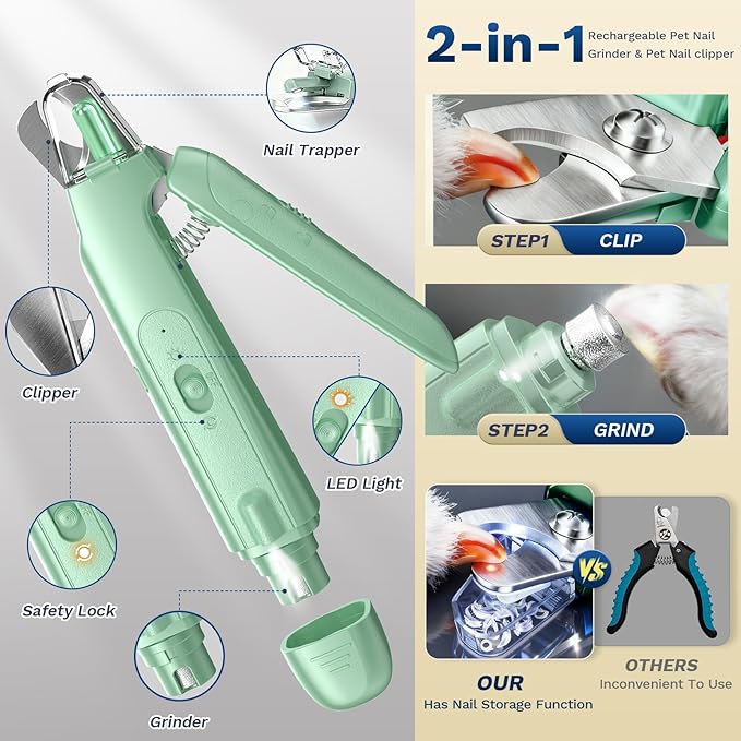 2-in-1 Dog & Cat Nail Clipper with Grinder - Dual Highlight LED Reduce Over-Trimming, Long Battery Cordless USB-C Rechargeable, Safety Lock & Catcher Cap, Quiet Home Grooming for Small Large Pets