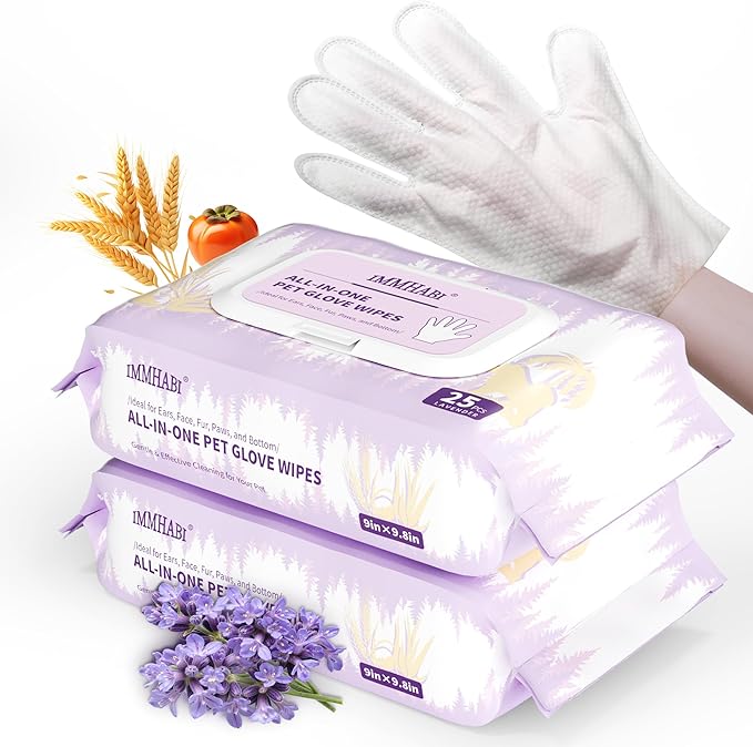 100 Dog Wipes for Paws and Butt Plant Based Hypoallergenic Pets Cleansing & Deodorizing Anal Gland Hygienic Puppy Wipes for Dogs Face and Body (Lavender, 50 Glove Wipes)