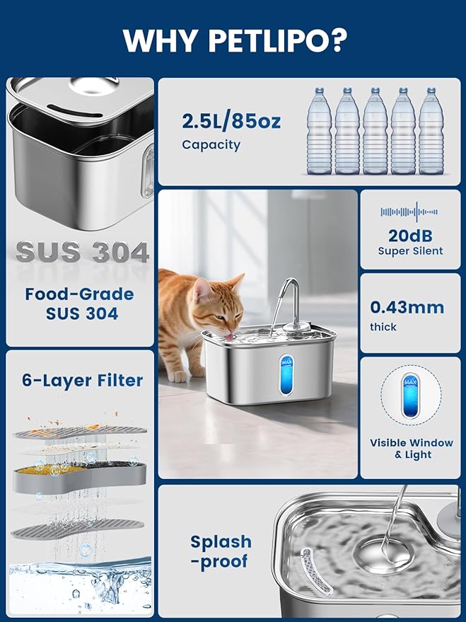 Cat Water Fountain Stainless Steel for Cats Indoor by BPA-Free SUS304, Effective 6-Layer Filter Cat Fountains for Drinking 2.5L 85oz 20dB Ultra Quiet Soft Flow Metal Pet Water Fountain